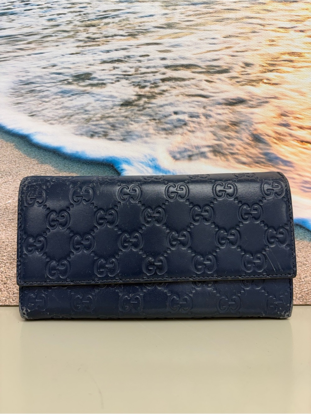 Gucci Navy Blue Guccissima Leather Flap Wallet 410100